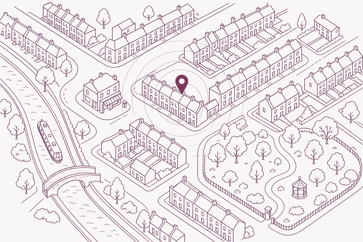 Illustrated map of a neighbourhood: terraced streets, a park, a canal, and a nursery marked with a pin